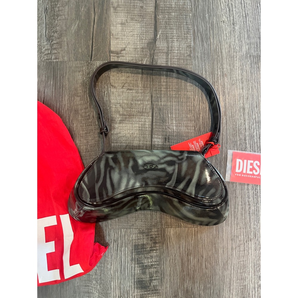 Diesel 1DR-Pod Zebra Print Patent Leather Shoulder Bag Grey Black NWT